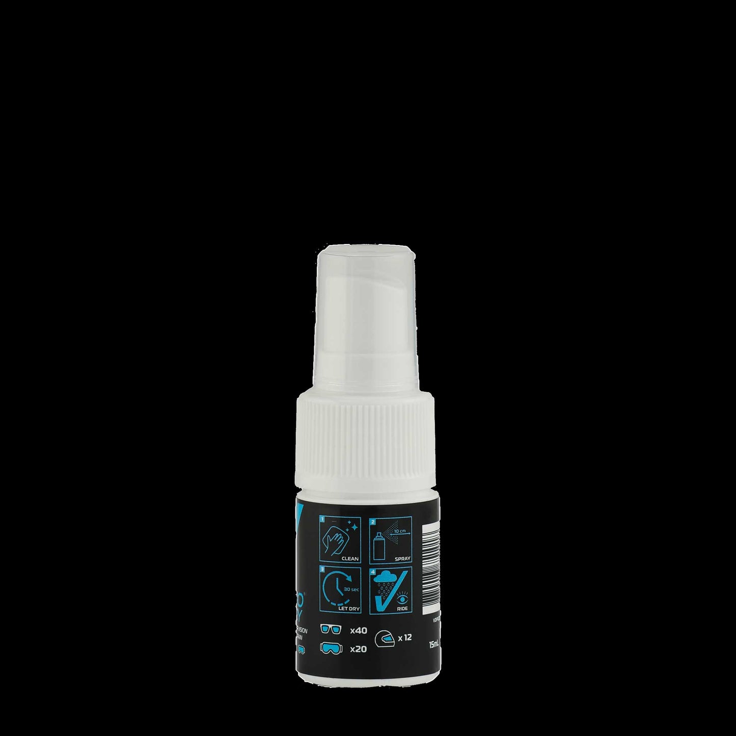 Back view of VisioDry Anti-Rain Pump Spray 15ml bottle, displaying usage instructions, safety warnings, and product details in small print.