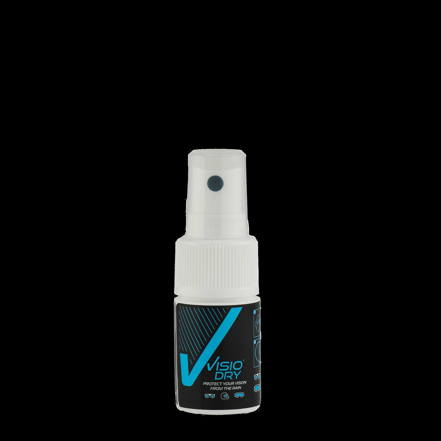 Front view of VisioDry Anti-Rain Pump Spray 15ml bottle, featuring a sleek, compact design with clear labeling and a manual spray nozzle.