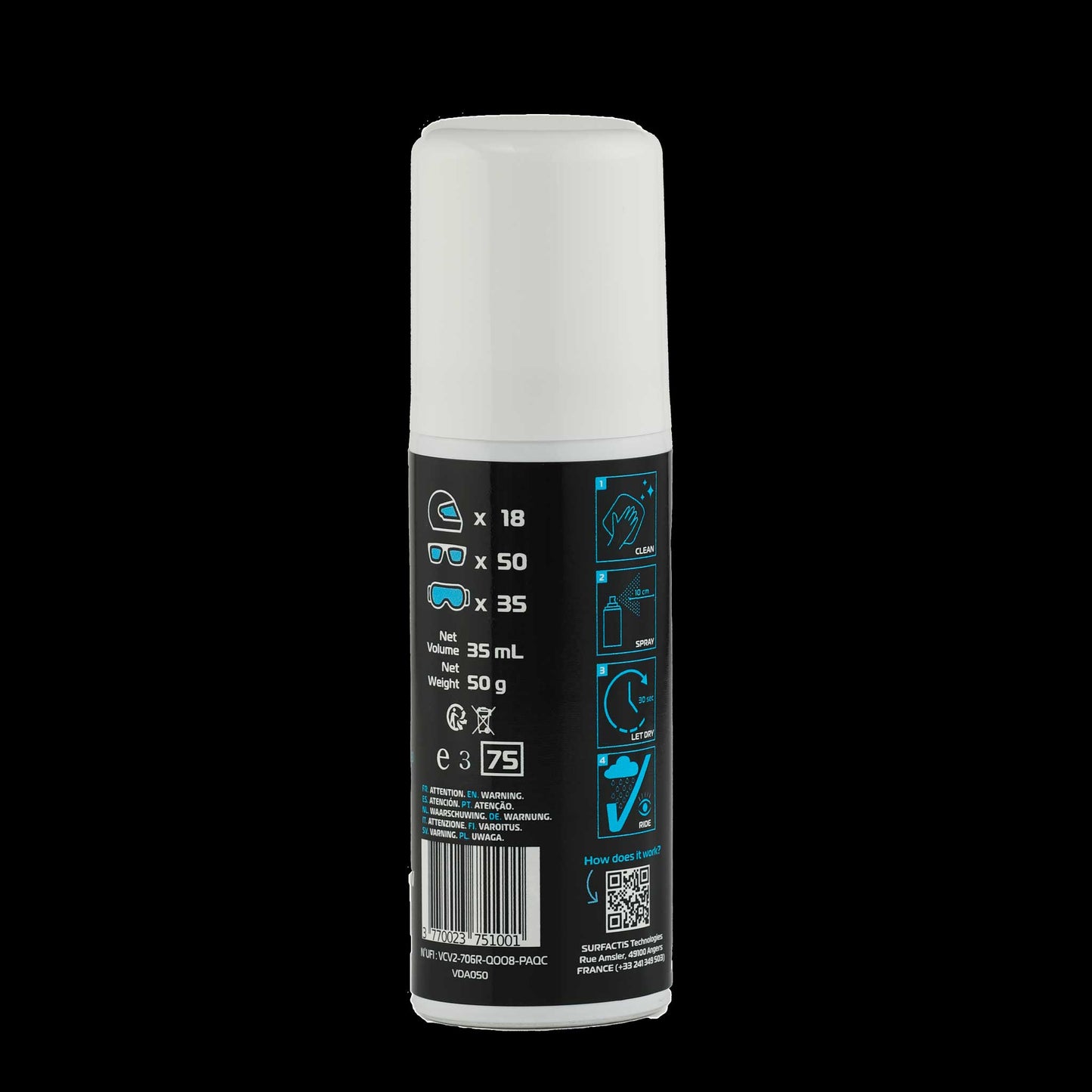 Back view of VisioDry Anti-Rain Aerosol 35ml can, showing detailed instructions, safety icons, and multilingual product information.