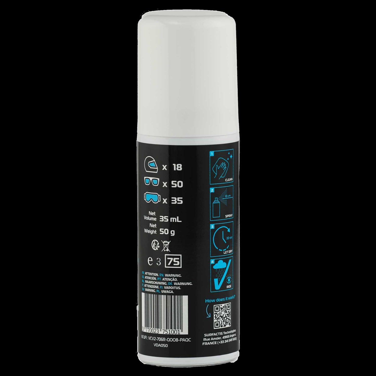 Back view of VisioDry Anti-Rain Aerosol 75ml can, showing instructions for use, safety warnings, and product information text in multiple languages