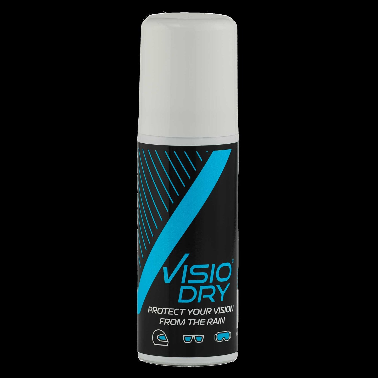 Front view of VisioDry Anti-Rain Aerosol 75ml can, featuring a blue and silver design with the product name prominently displayed, along with icons indicating water-repellent properties and suitable usage on glass surfaces