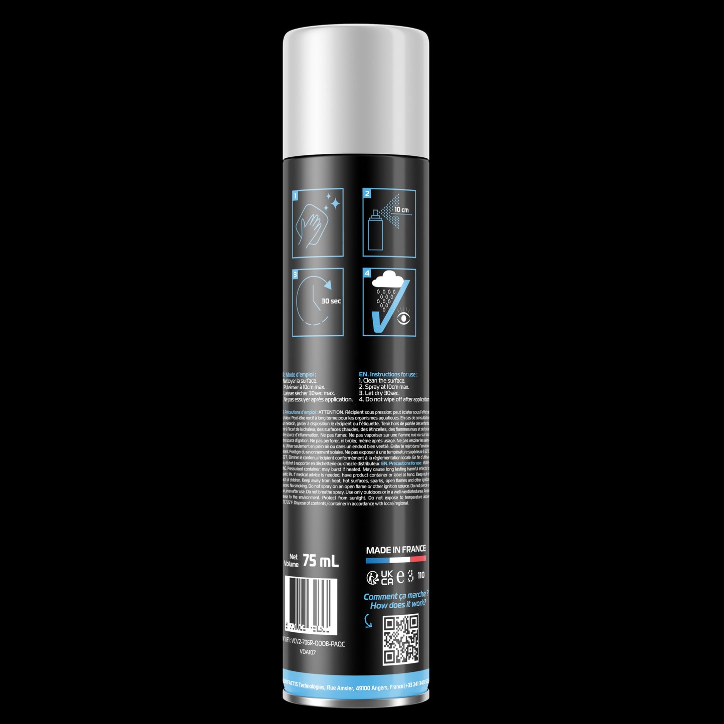 Back view of VisioDry Anti-Rain Aerosol 75ml can, showing instructions for use, safety warnings, and product information text in multiple languages
