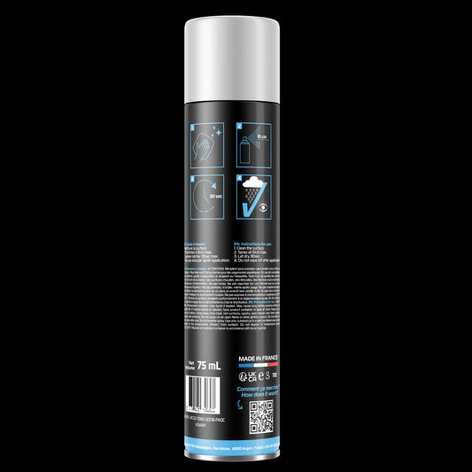 VisioDry 75ml anti-rain aerosol in use — spraying onto motorcycle helmet visor for rain repellent treatment
