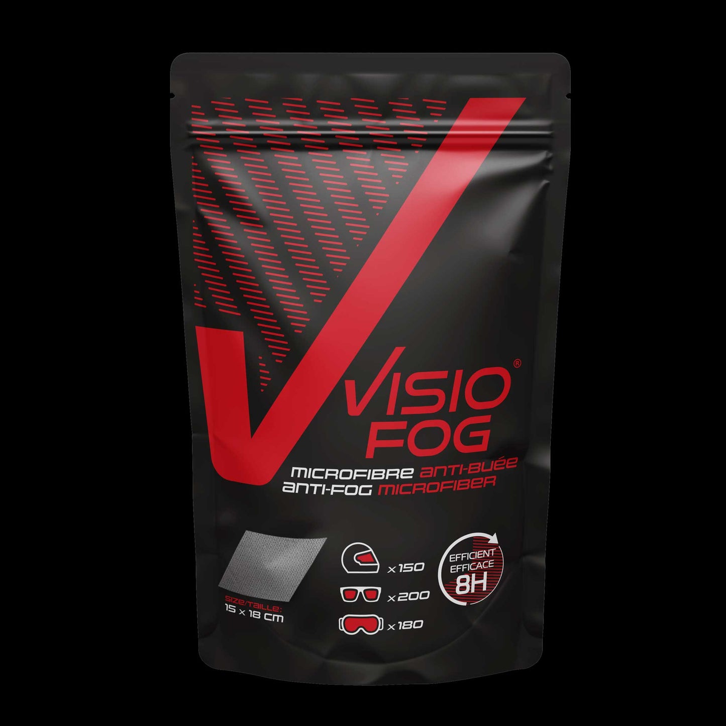 Front view of VisioFog Anti-fog Microfibre Wipe packet showing branding and product name.