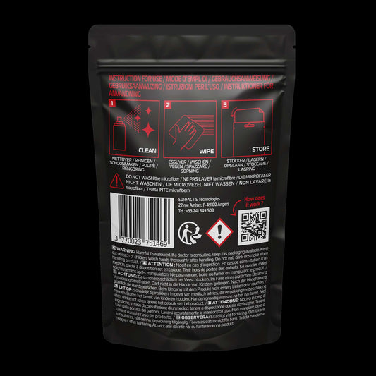 Back view of VisioFog Anti-fog Microfibre Wipe packet displaying usage instructions and product details.