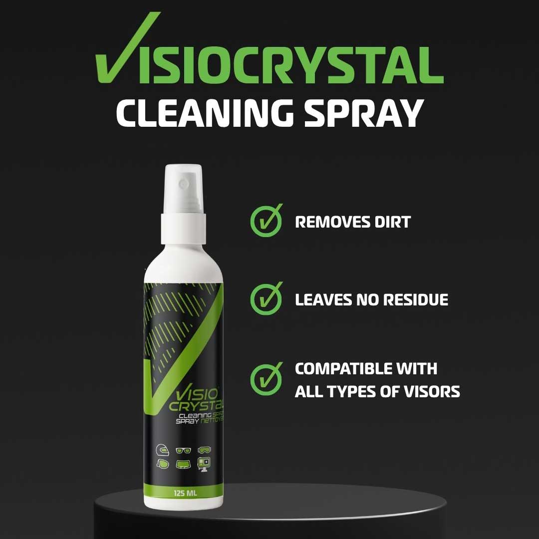 Visiocrystal cleaning spray bottle with features on a black background