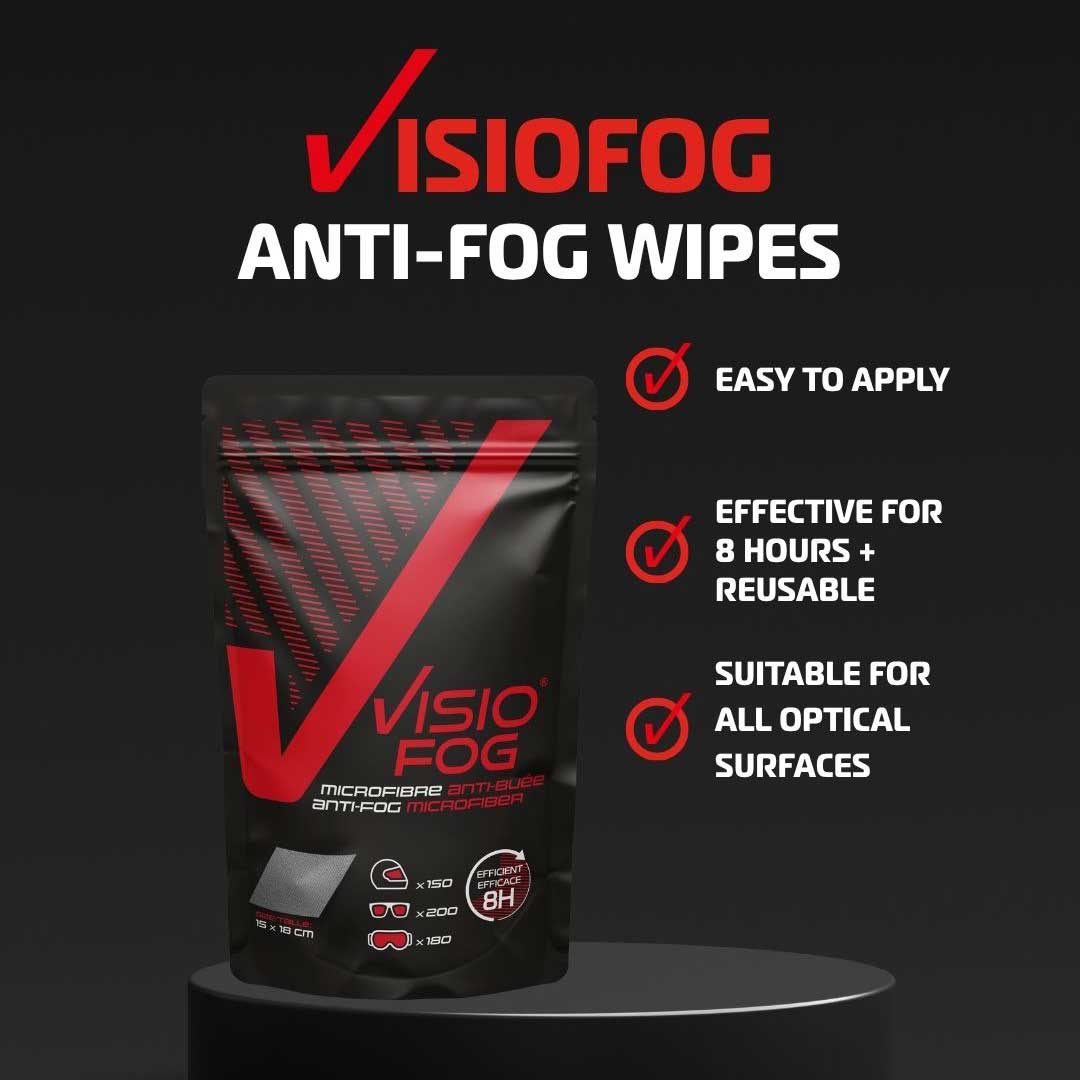 VisioFog anti-fog wipes packaging with product features on a black background