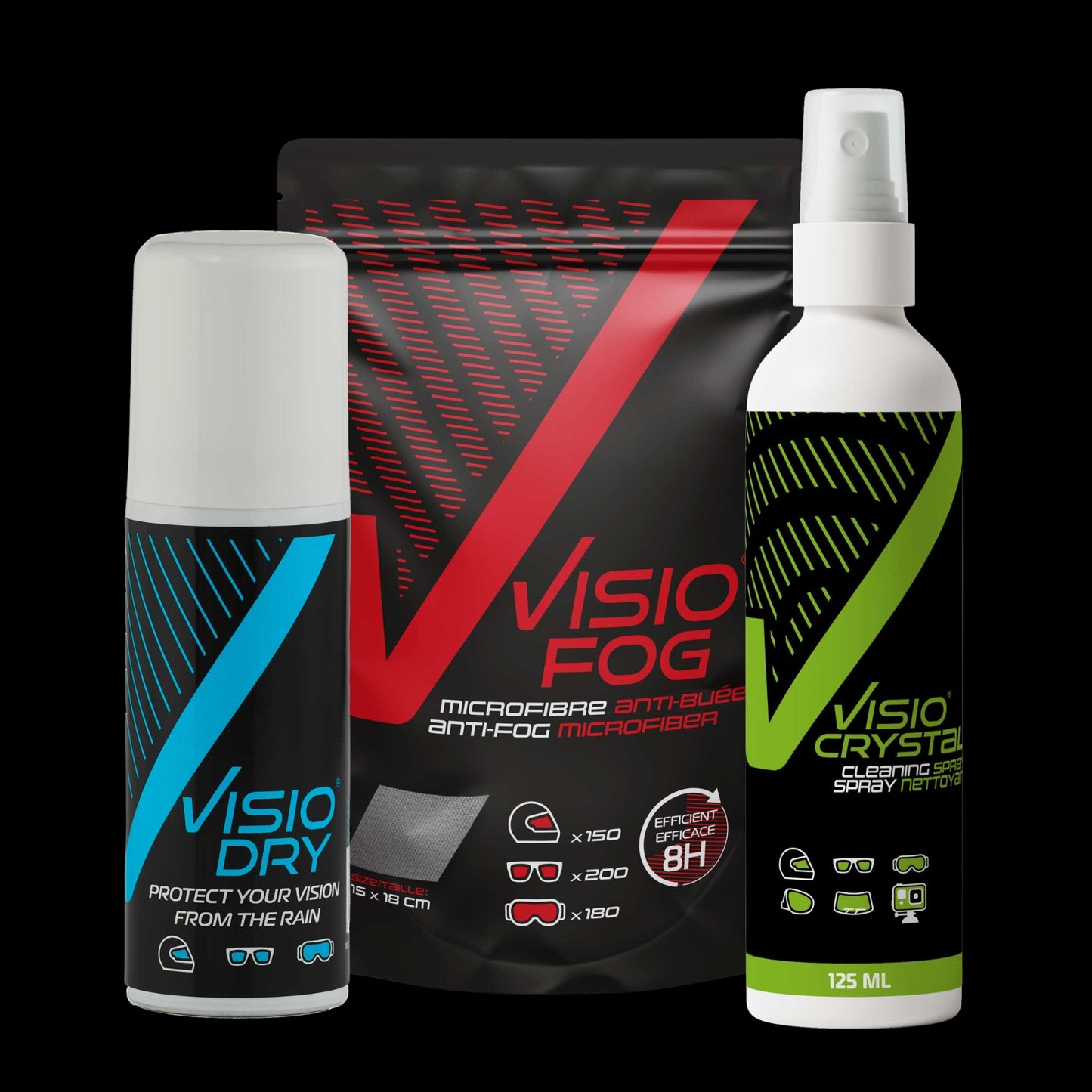 Three Visio Fog products including a can, a bag, and a spray bottle on a black background.