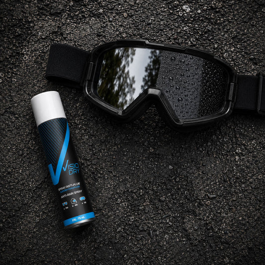 visiodry anti-rain spray with goggles on a road surface