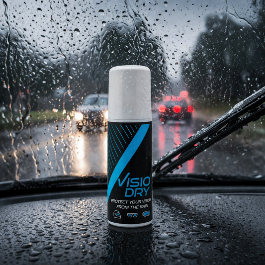 Visiodry Anti Rain sitting on the dashboard of a car while it rains