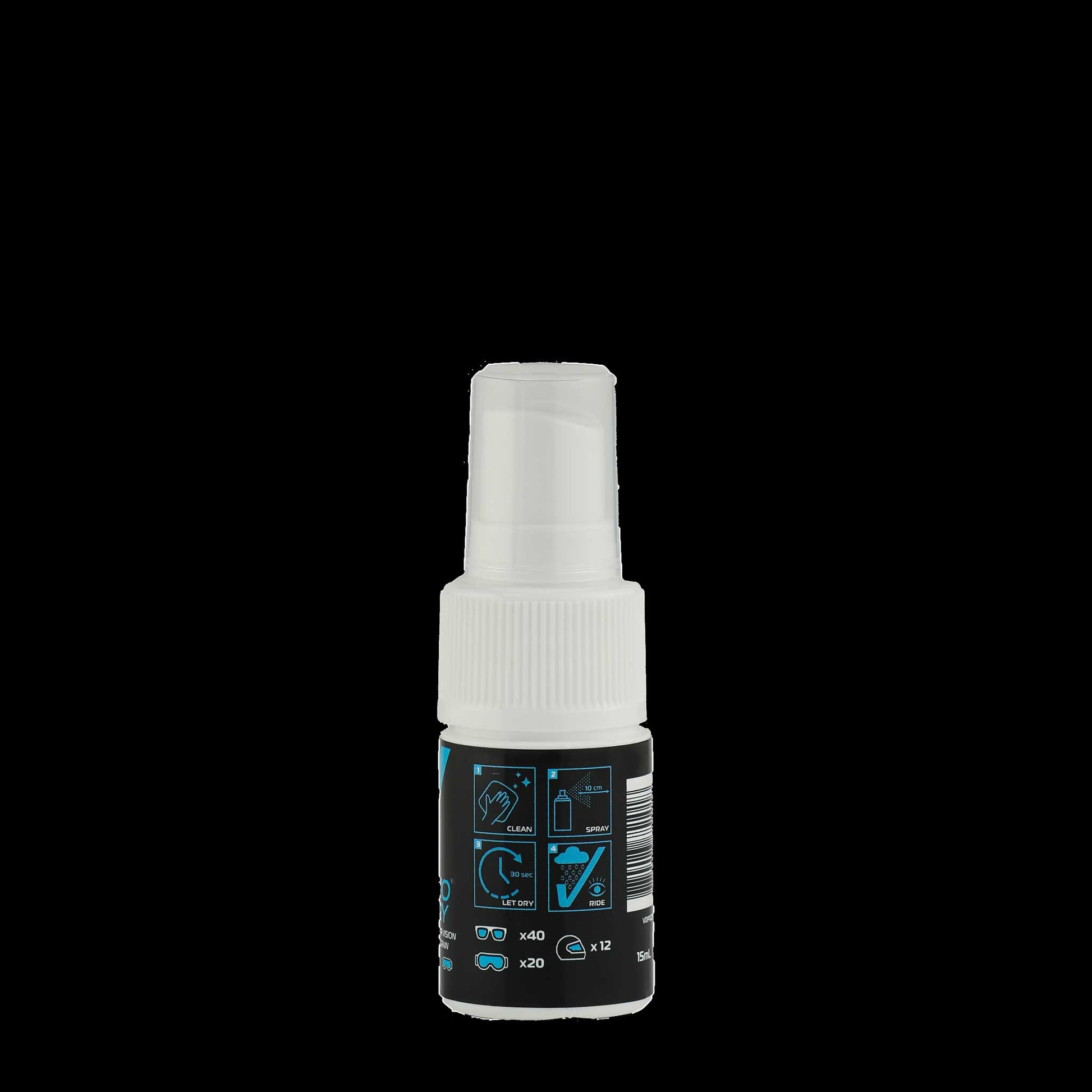 Back view of VisioDry Anti-Rain Pump Spray 15ml bottle, displaying usage instructions, safety warnings, and product details in small print.
