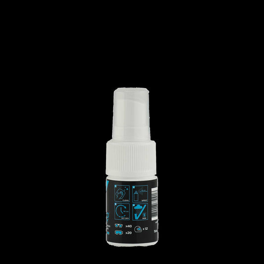 Back view of VisioDry Anti-Rain Pump Spray 15ml bottle, displaying usage instructions, safety warnings, and product details in small print.