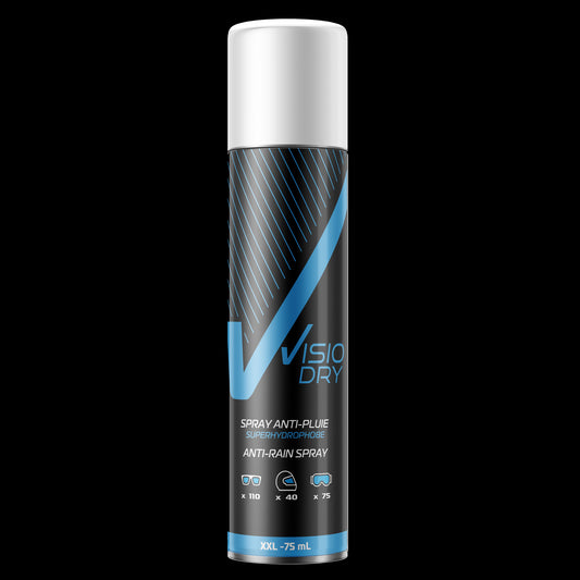 Front view of VisioDry Anti-Rain Aerosol 75ml can, featuring a blue and silver design with the product name prominently displayed, along with icons indicating water-repellent properties and suitable usage on glass surfaces