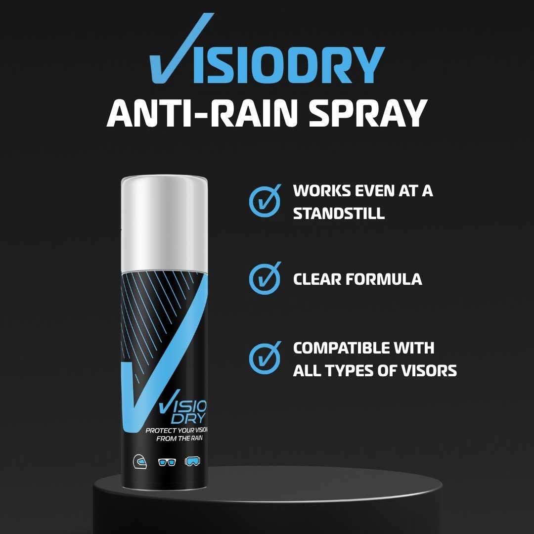 Visiodry anti-rain spray can with features listed on a black background