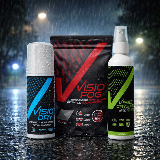 Three Visio products on a wet surface with rain in the background