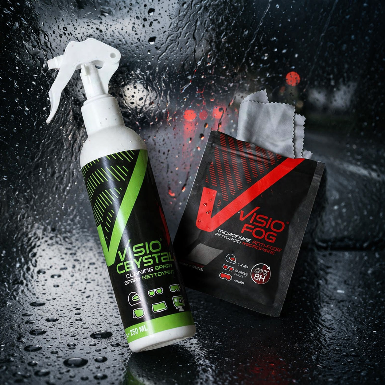 The visiodry surface cleaner and visiofog wipe opening and laying on rain